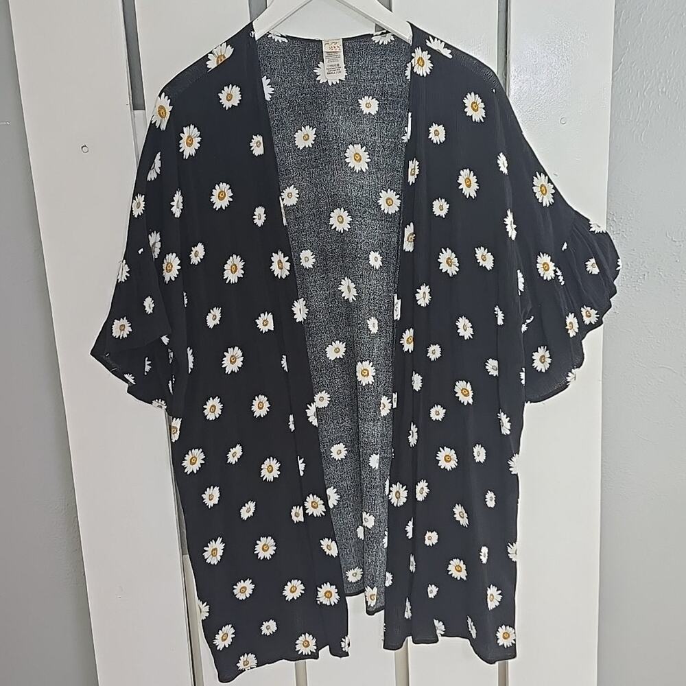 7th‎ Ray Open Front Cardigan Small Oversized Black Daisy Grunge 90s Beach Boho